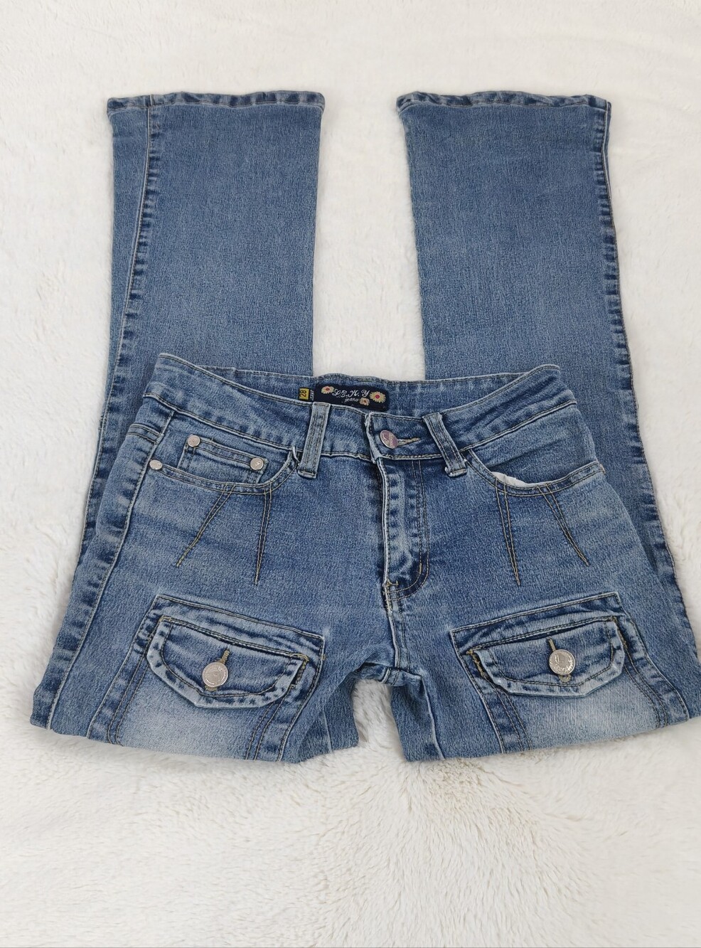 VINTAGE Y2K Low Rise Flare Bush Jeans Front Patch Pockets Pintuck Denim 28 (S/M)